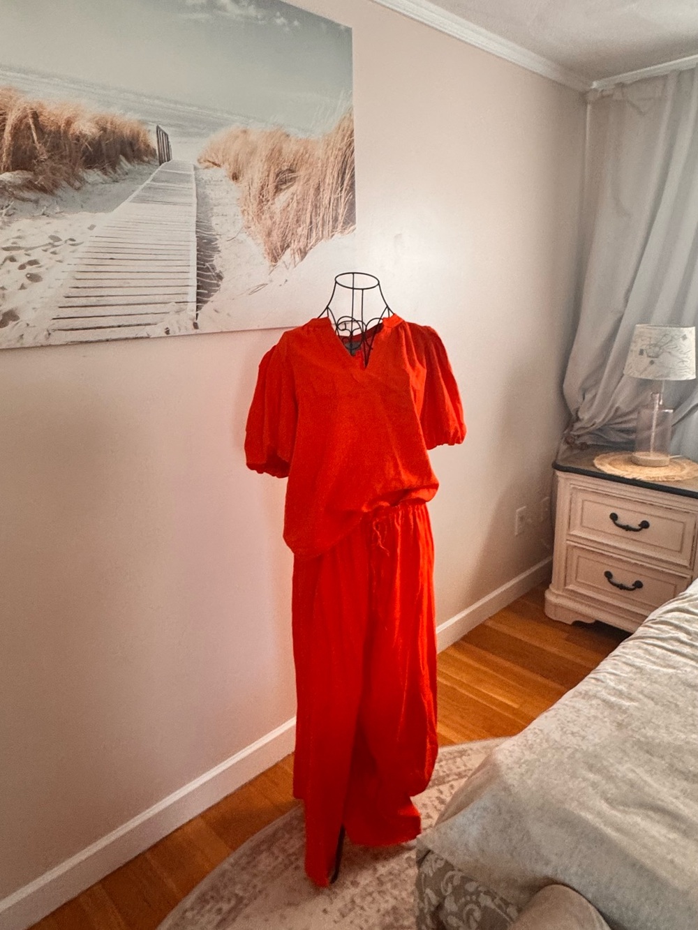 CeCe Bright orange Puff Sleeve Top & Matching Pants LINEN Set